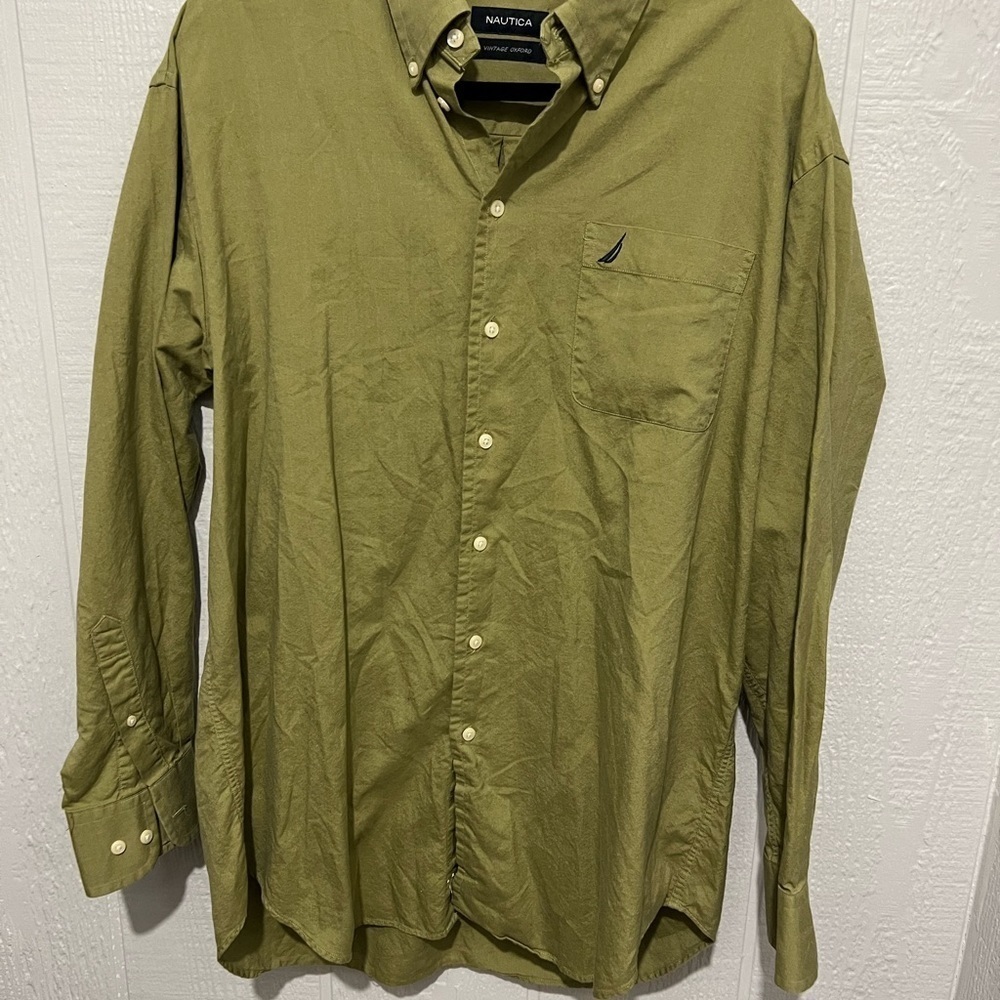NAUTICA vintage Oxford size 17 34/35 olive green button up shirt - Picture 3 of 3